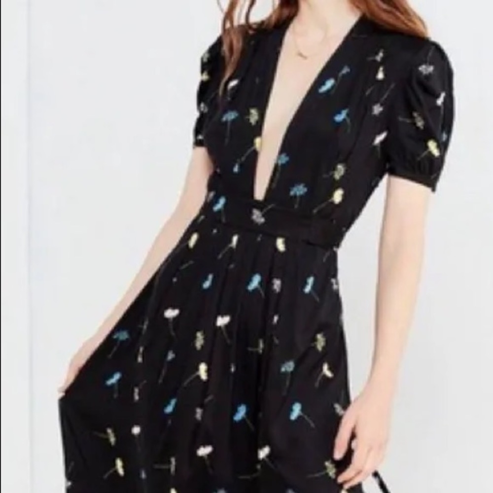 Urban Outfitters Deep V Neck Dress Floral Black